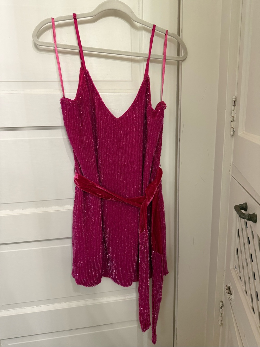 NWT Retrofete Sparkling Fuchsia Slip Dress with Velvet Tie Belt